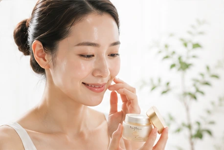 クリームを持って頬に触れる女性